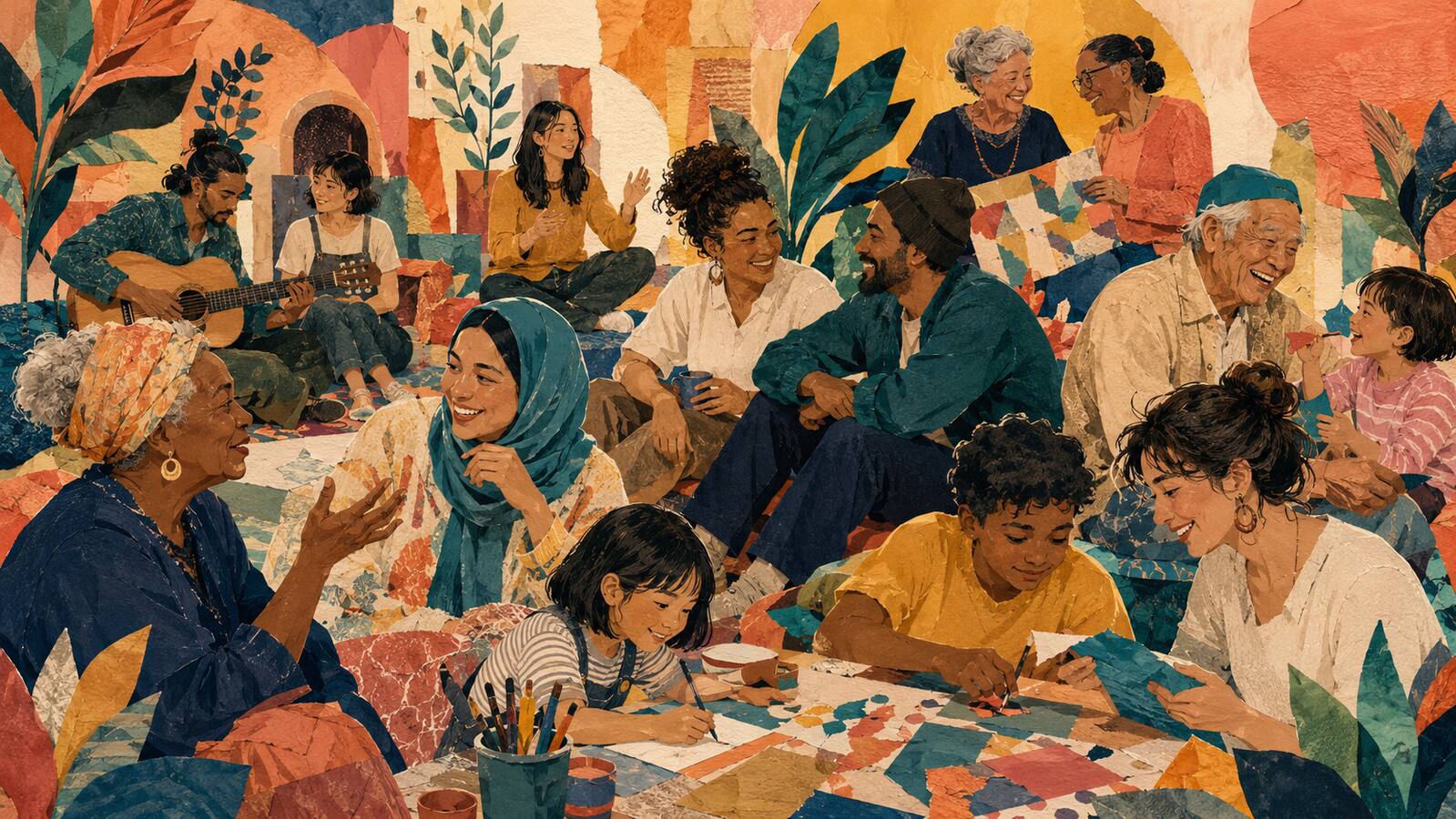 A joyful multigenerational community gathered for storytelling, art, and conversation